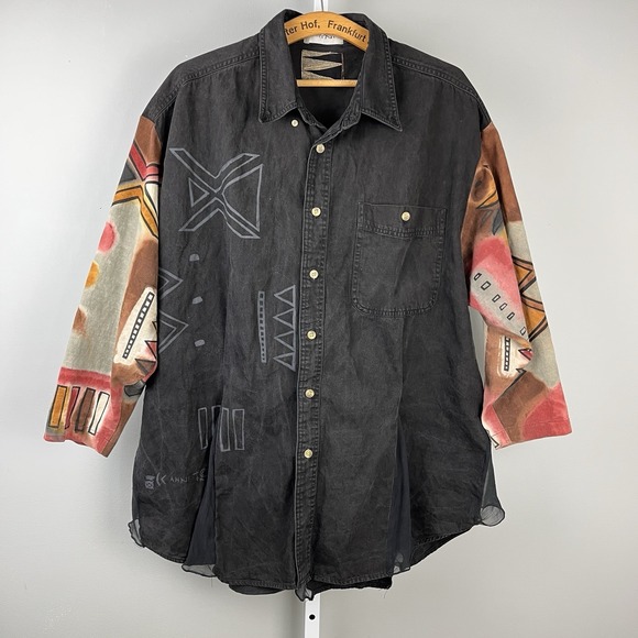 AHNI Tops - AHNI Mixed‎ Media Button Up Top Jacket Womens XL? Artsy Print Lagenlook Western